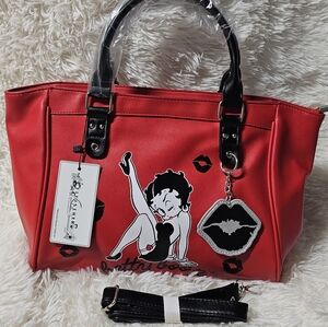 Betty Boop Red/Black Satchel Tote Shoulder Hand Bag With Detachable Strap